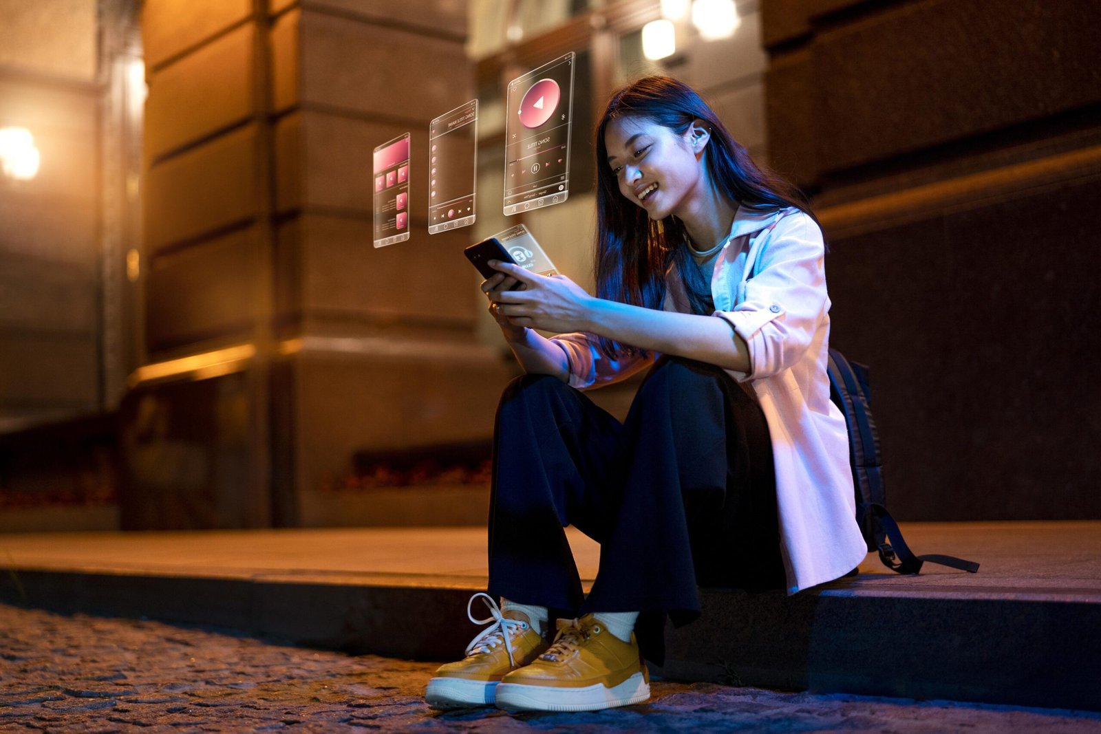 Woman using smartphone with floating UI, highlighting digital marketing trends.