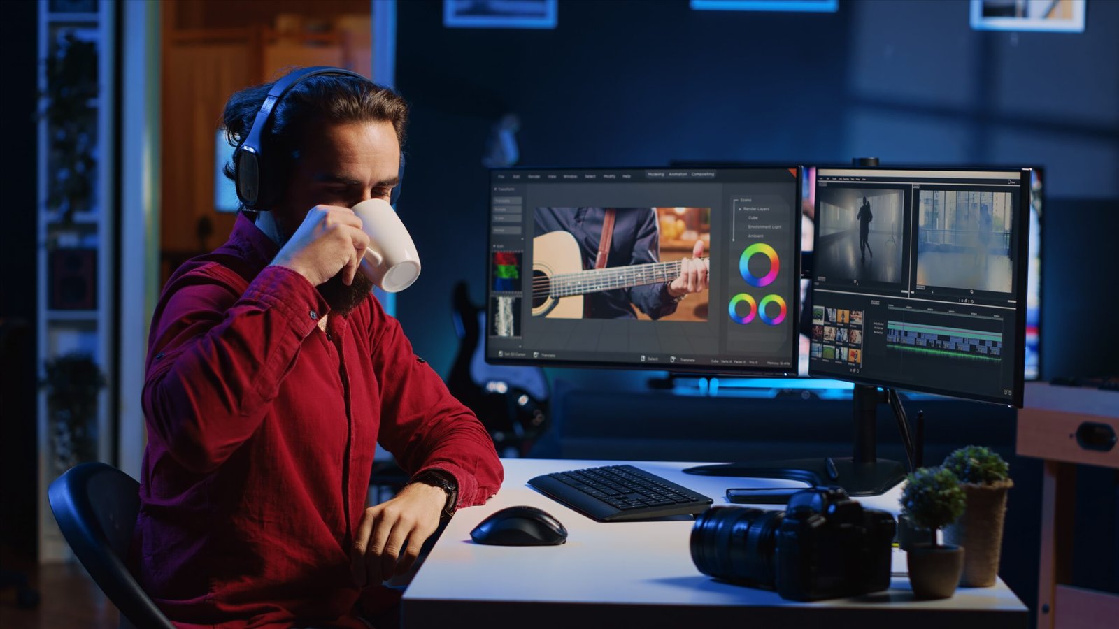 Professional video editor working on 3D animation and motion graphics in modern studio.