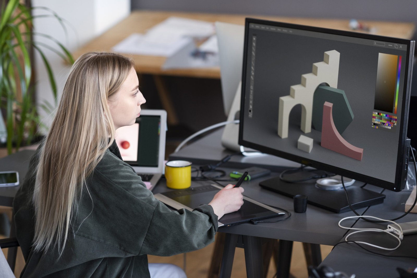 Professional female graphic designer creating 3D visuals