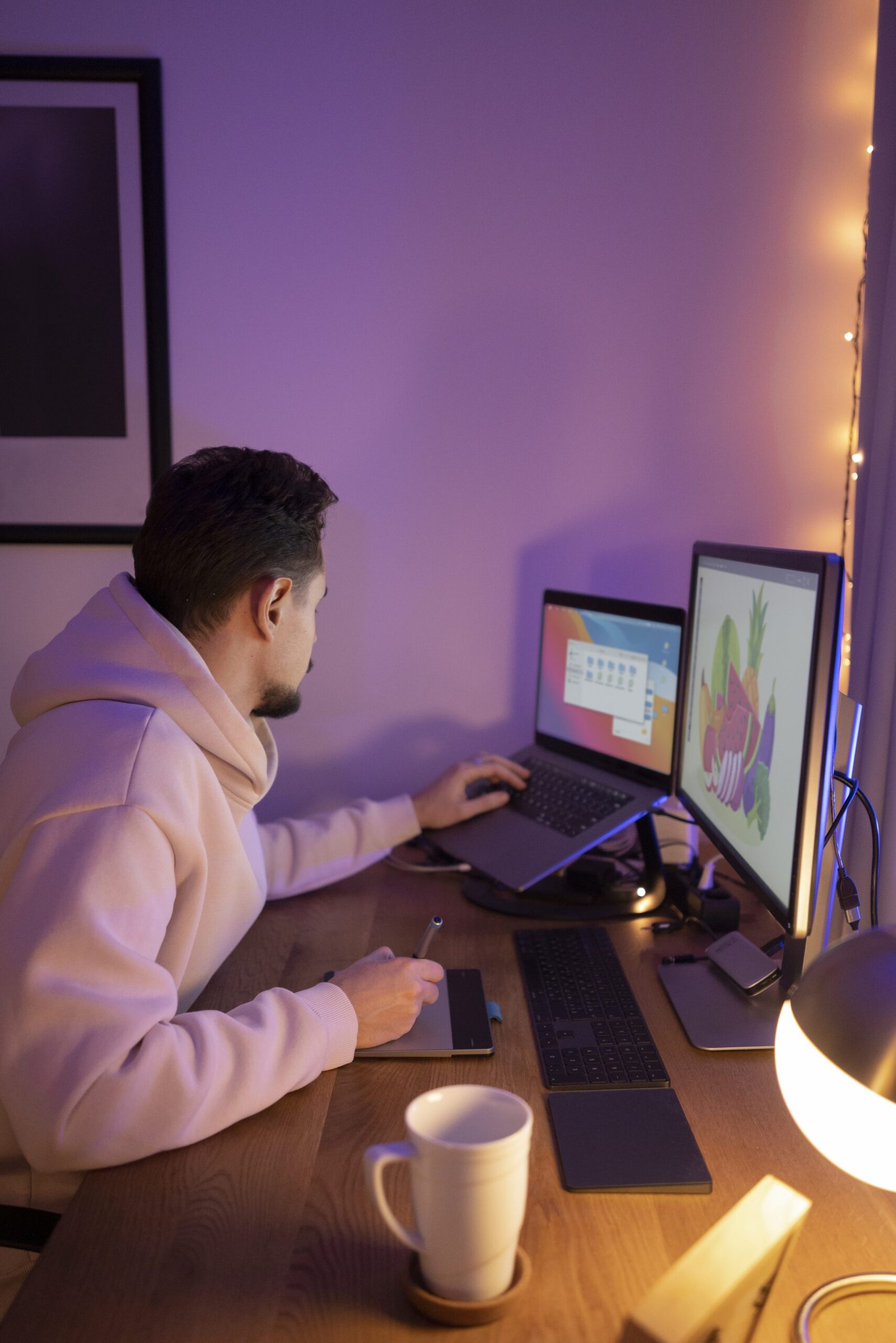 User checking mobile time management app interface at night with minimal desk setup