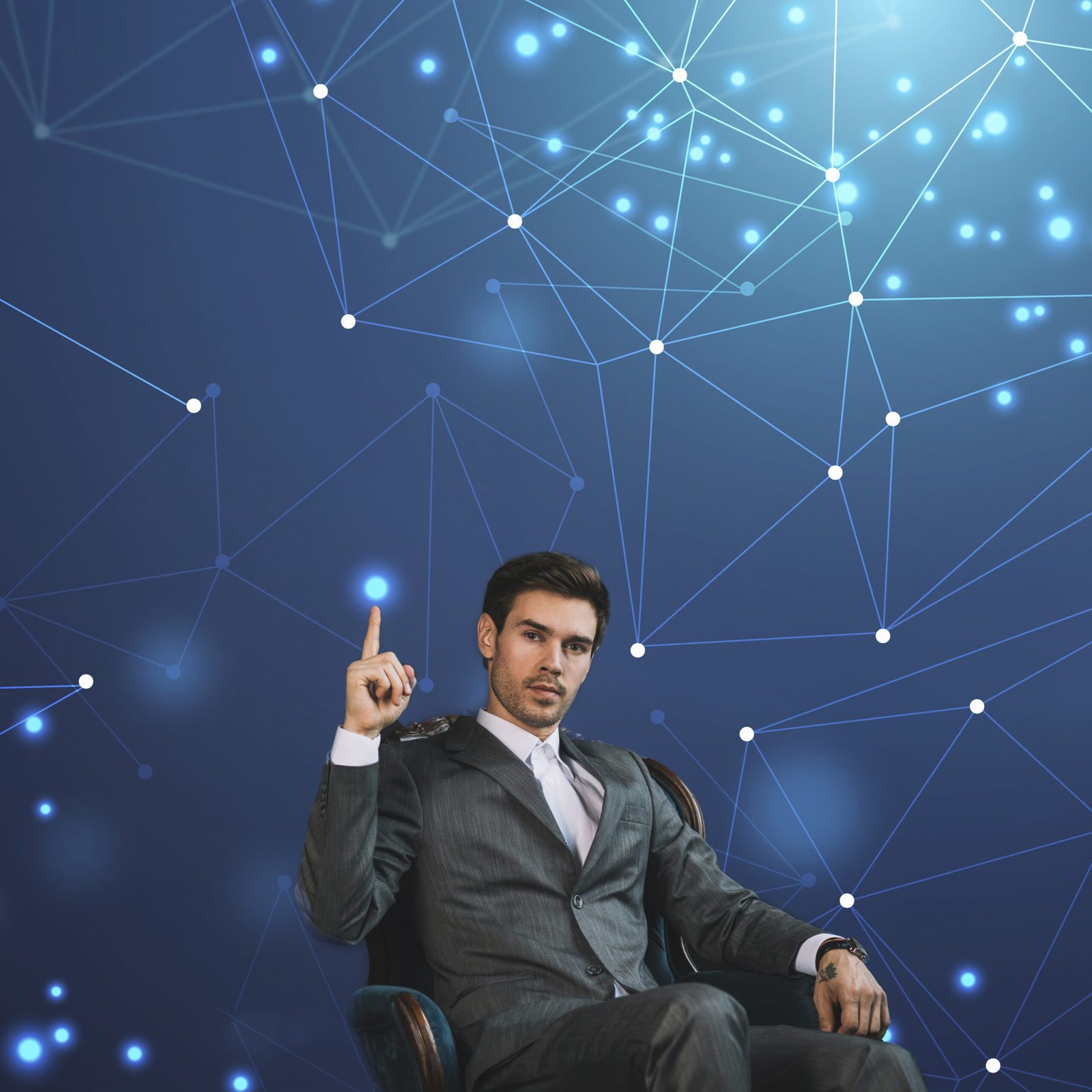 Confident business professional pointing upward with a digital network background, symbolizing innovation