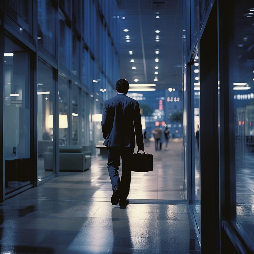 Professional businessman walking through modern corporate office building at night