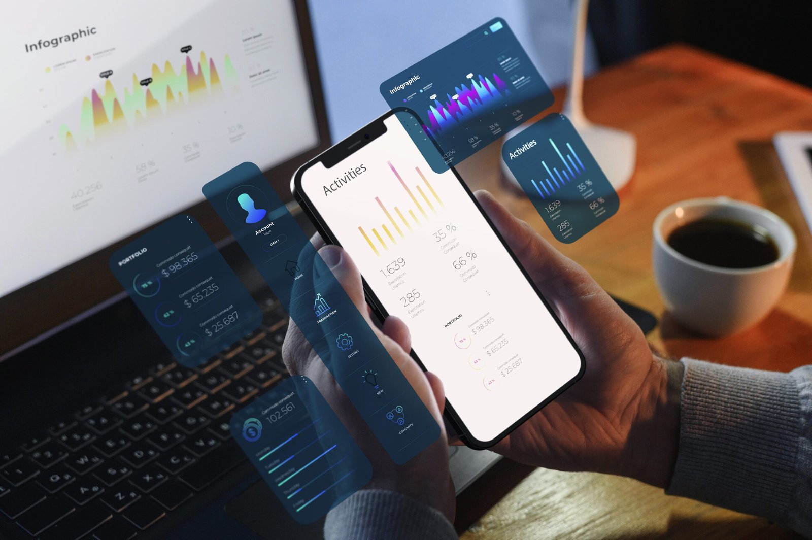 Modern mobile app UI displayed on smartphone with user interface analytics and performance charts