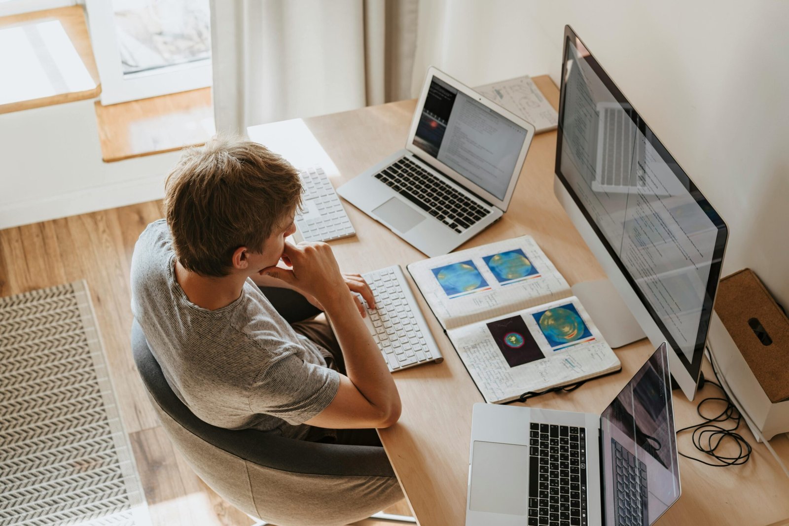 Web developer working on multiple devices for a custom web development project in Lahore, Pakistan