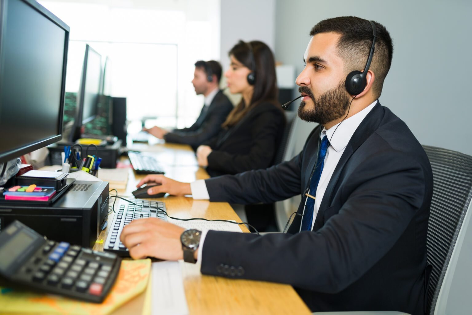 Professional call center executive providing customer support and digital solutions