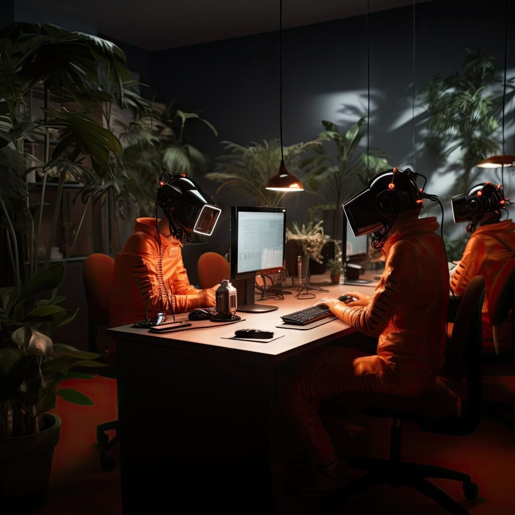 Futuristic digital marketing team using advanced technology and virtual reality headsets to create innovative