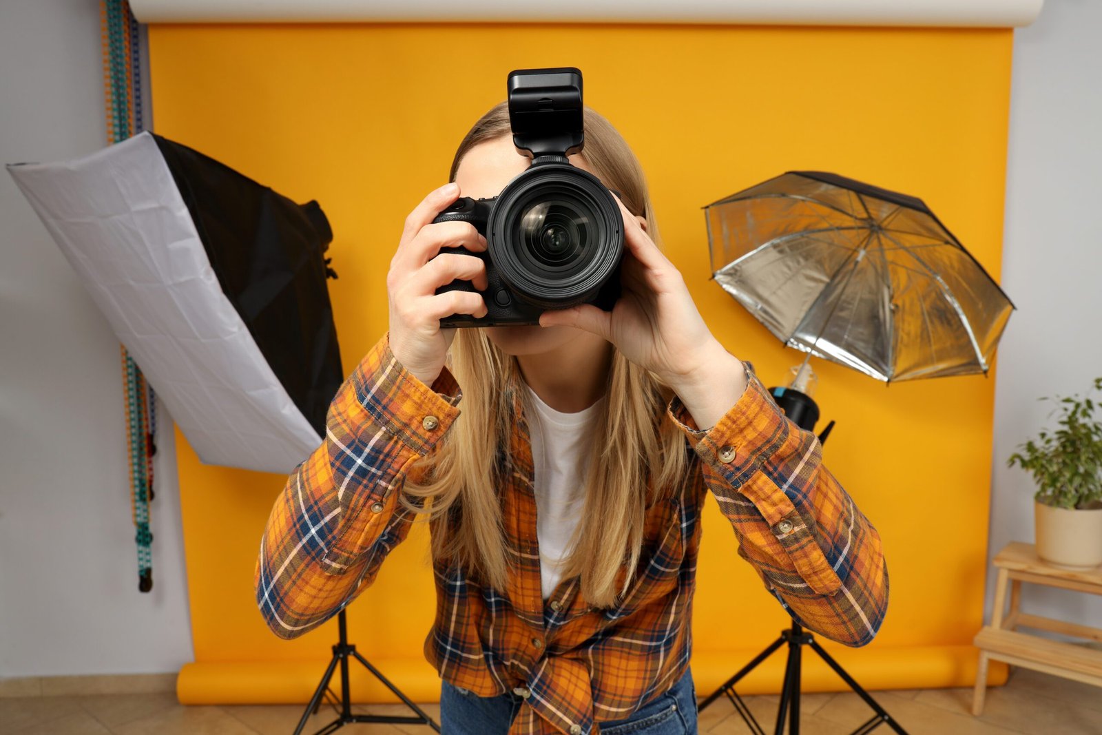 Product photographer in studio with yellow backdrop for e-commerce in Pakistan