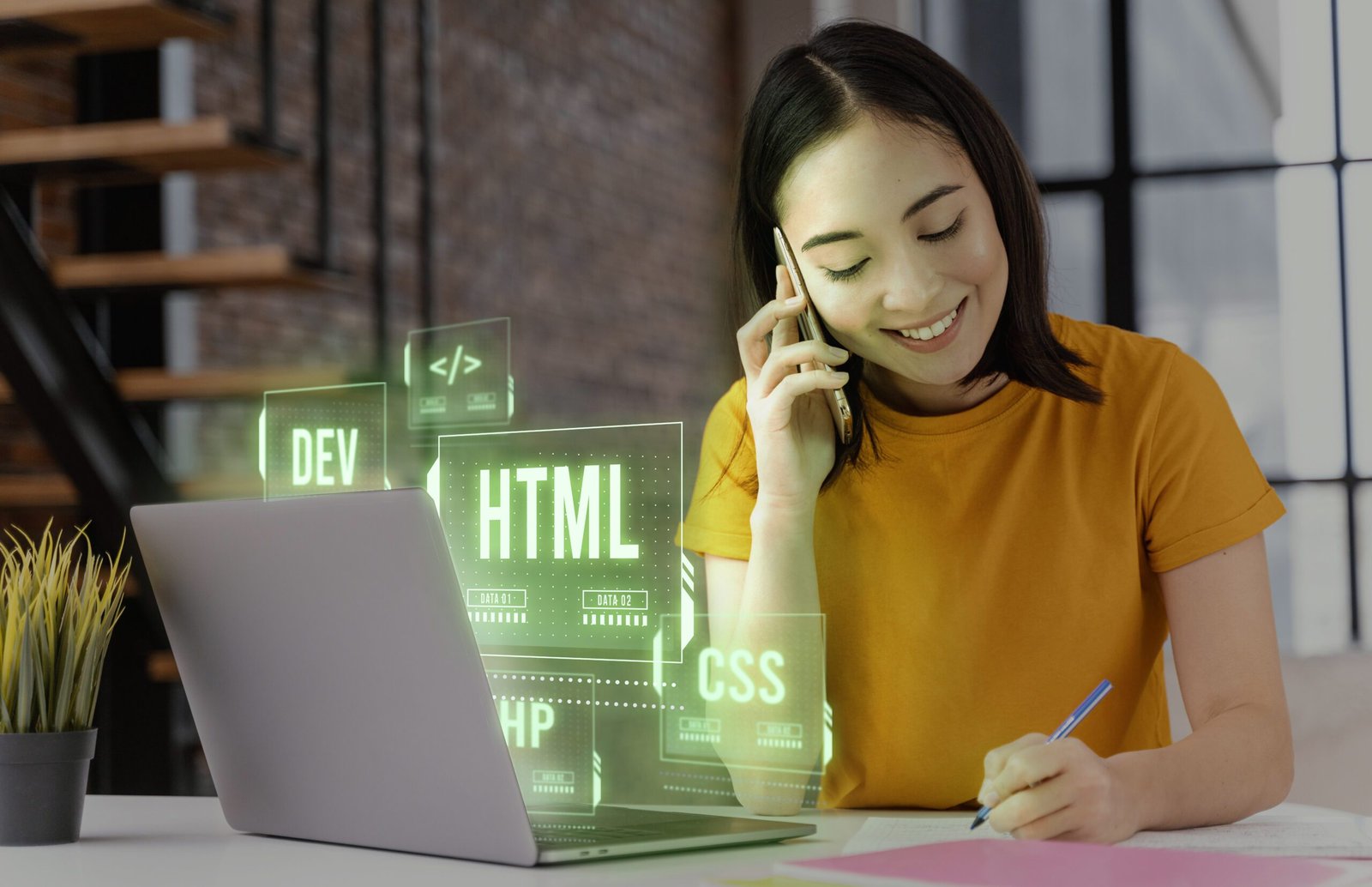 Female web developer working on laptop with HTML, CSS, and PHP code visuals