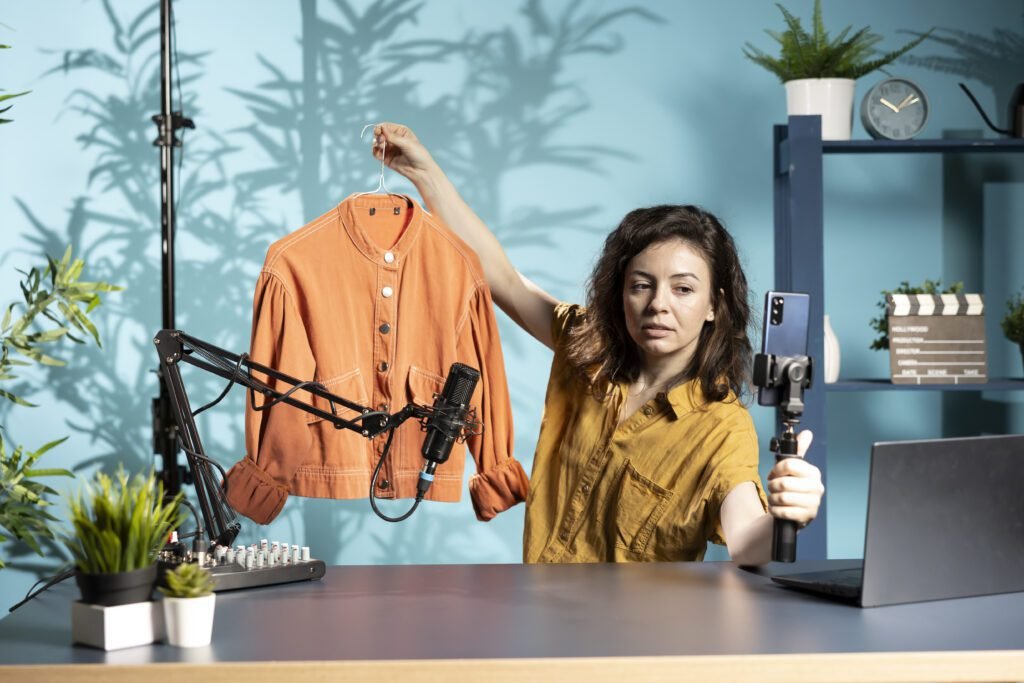 "Digital marketer live streaming fashion products to promote sales with Facebook marketing strategies."" "