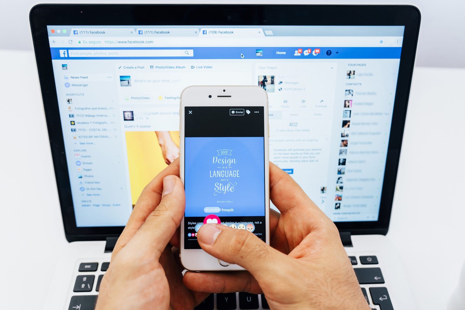 Professionals showcasing Facebook ad performance insights on mobile and desktop,
