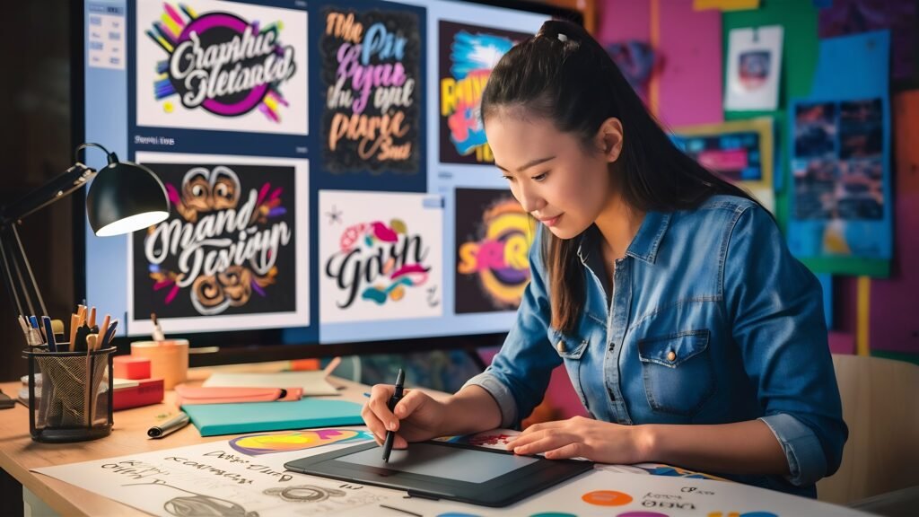 Professional female logo designer working on branding project