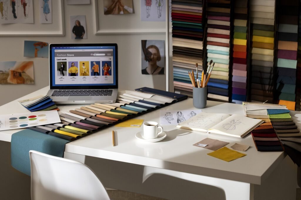 Graphic design setup with color palettes and fashion sketches
