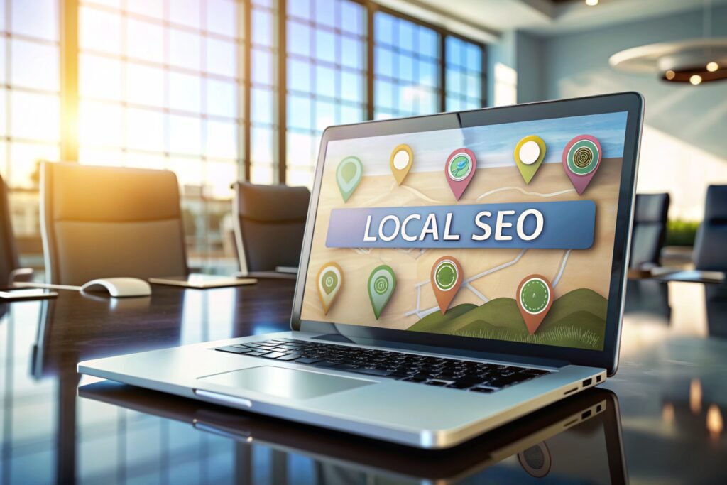 Laptop displaying local SEO strategy with map pins for GMB optimization in an office setting