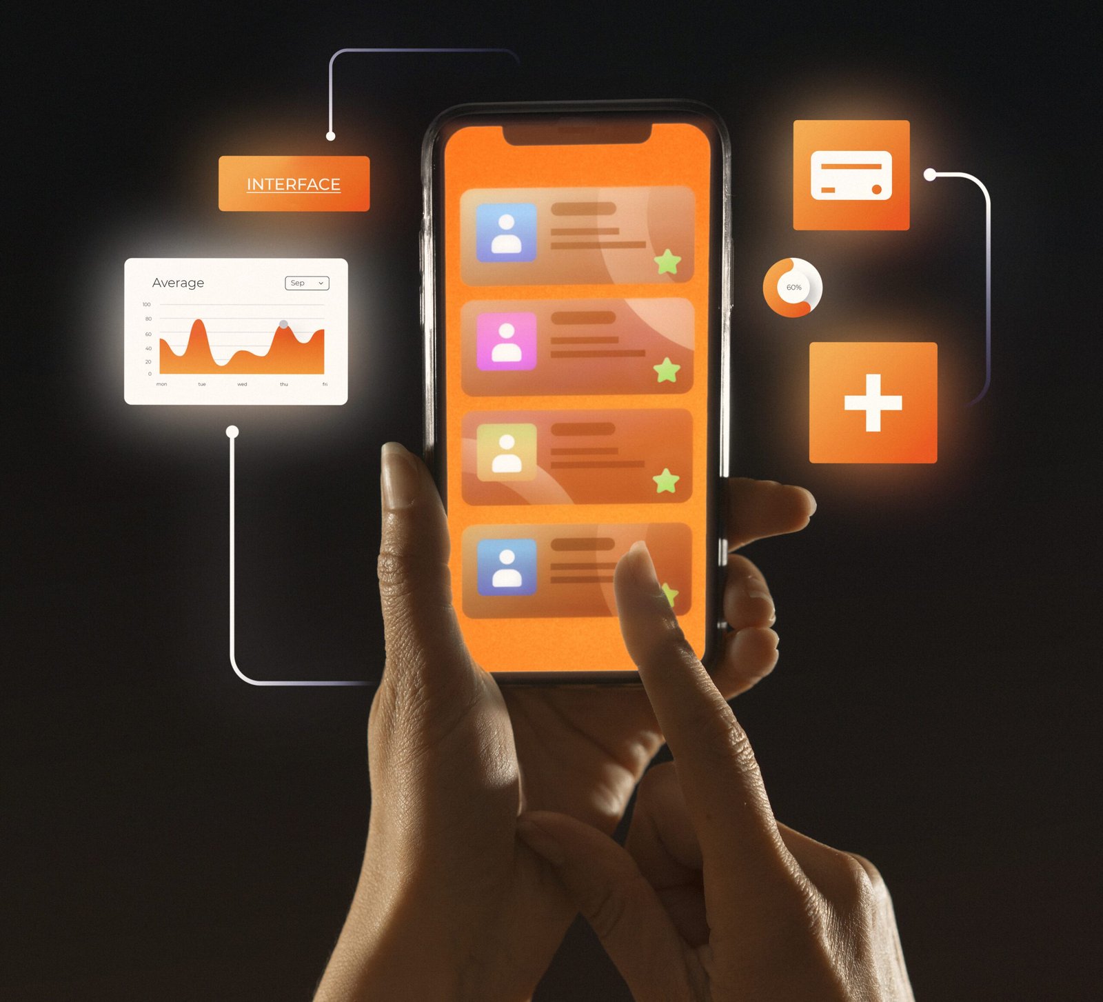 Person using mobile app interface with UI/UX design elements and data analytics visuals