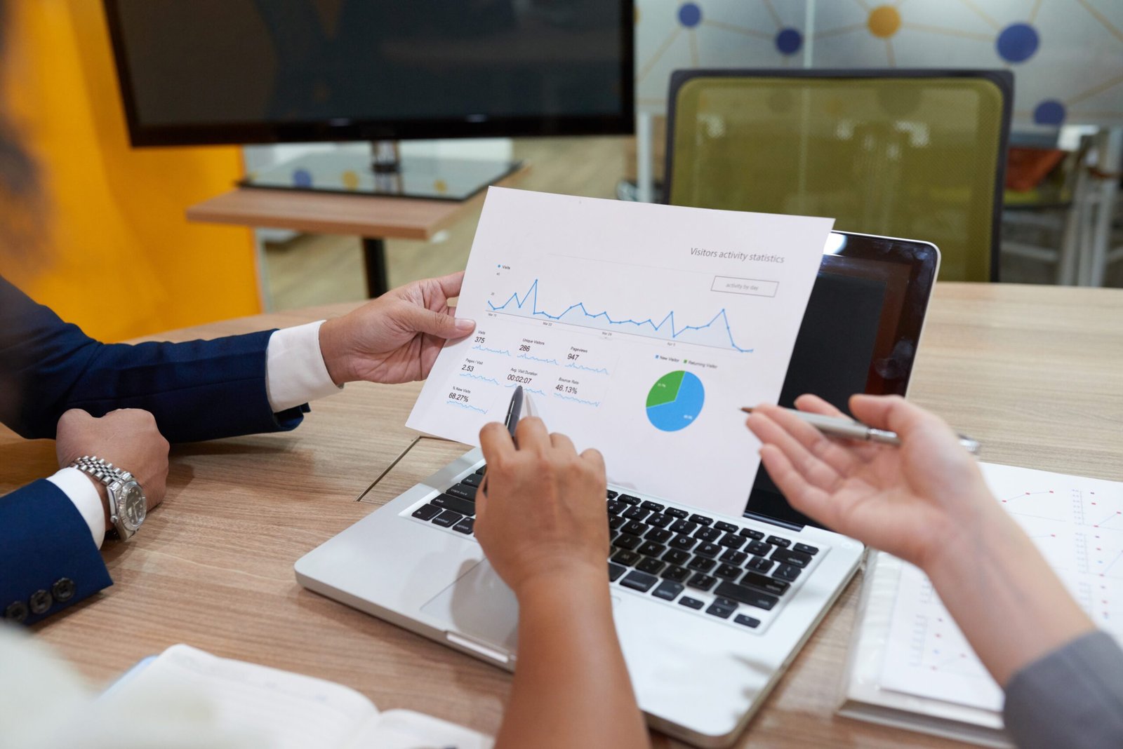 Marketing team analyzing PPC performance report in office