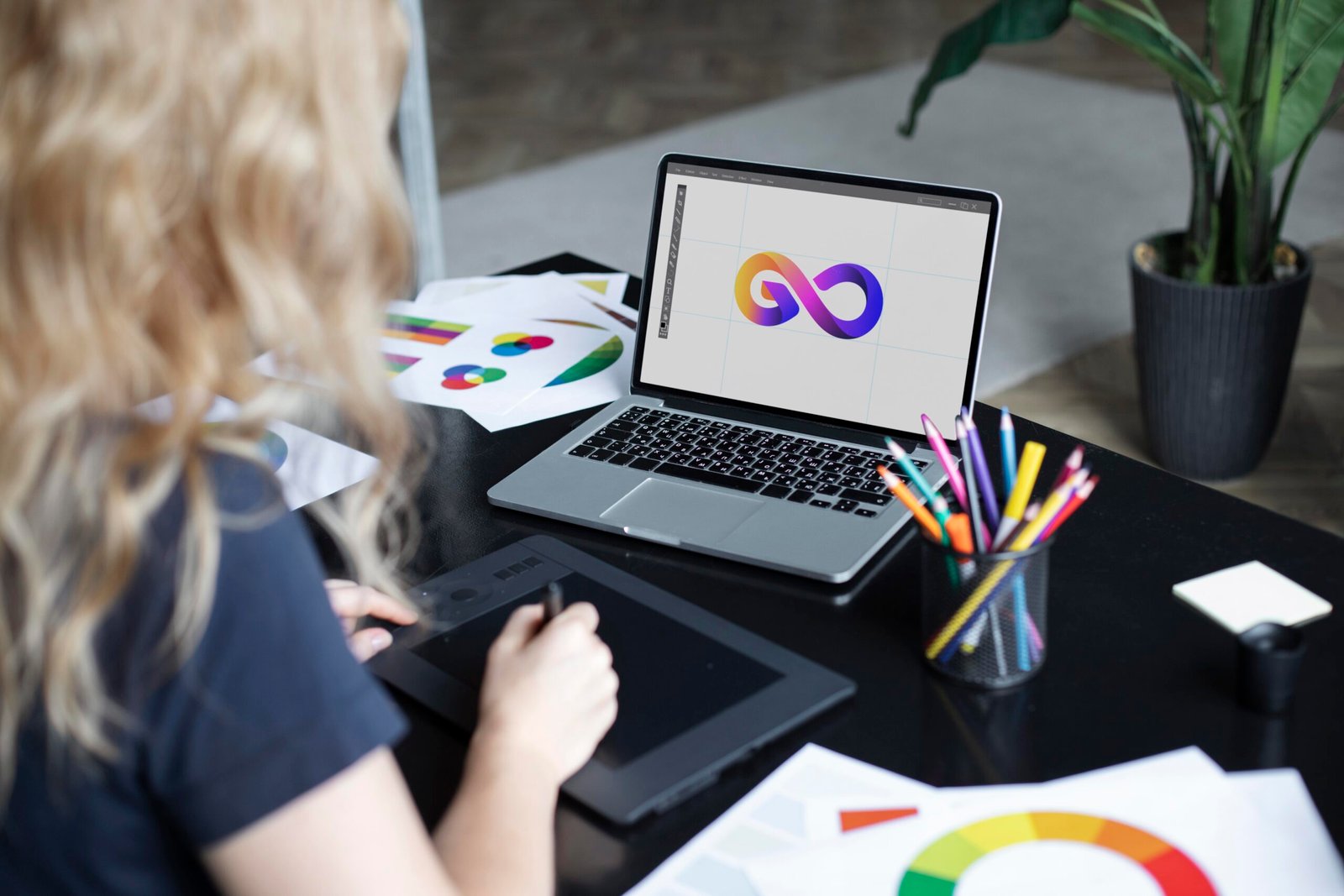 Logo design showcased in educational environment with students