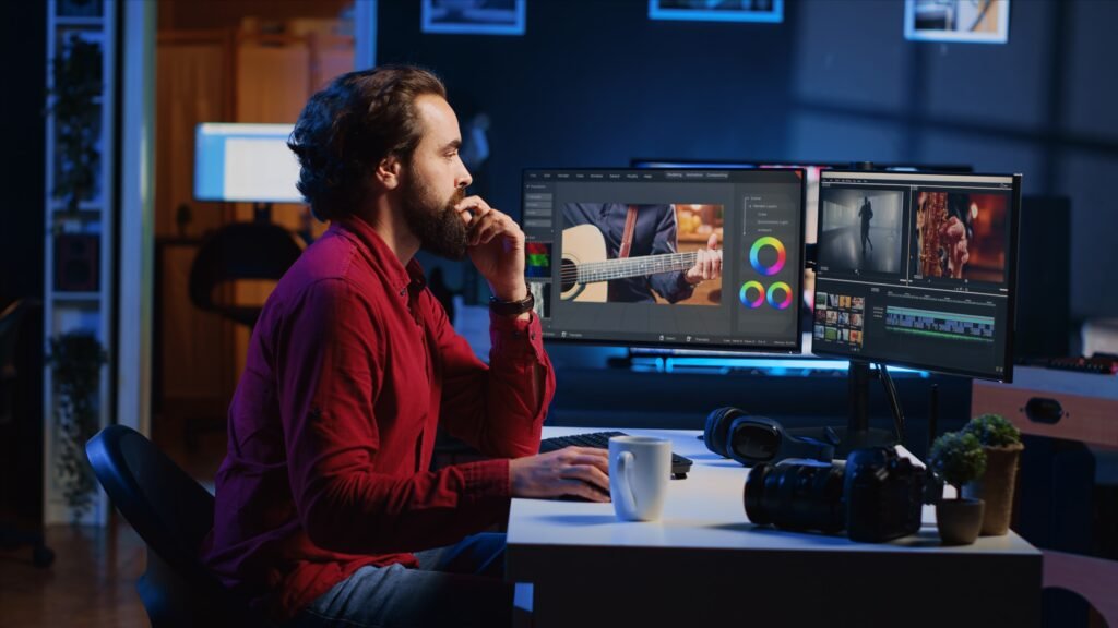 Professional video editor working in media studio on dual monitors using color correction and post-production techniques