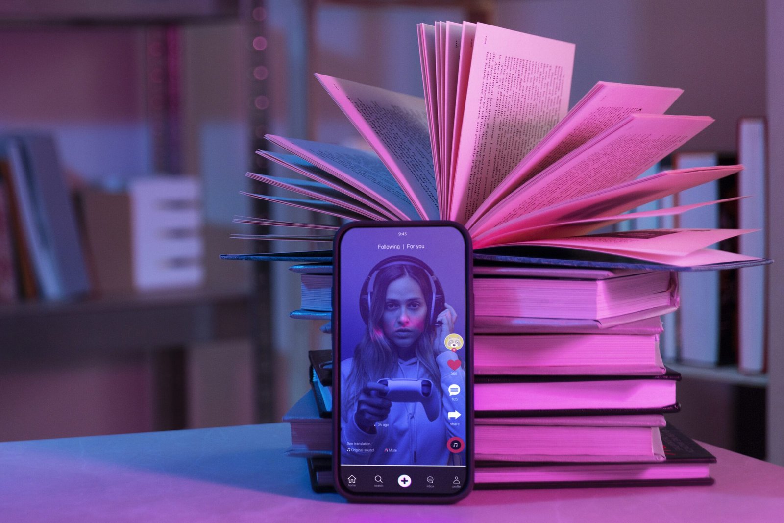 Smartphone displaying TikTok video placed in front of stacked open books, representing social media marketing in Pakistan