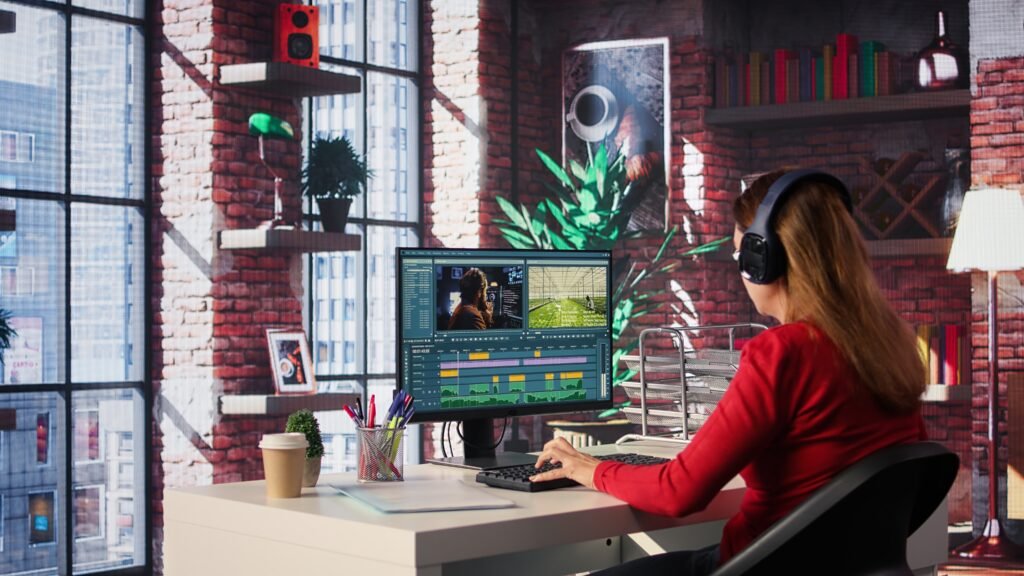Woman editing video animation for brand storytelling at creative workstation